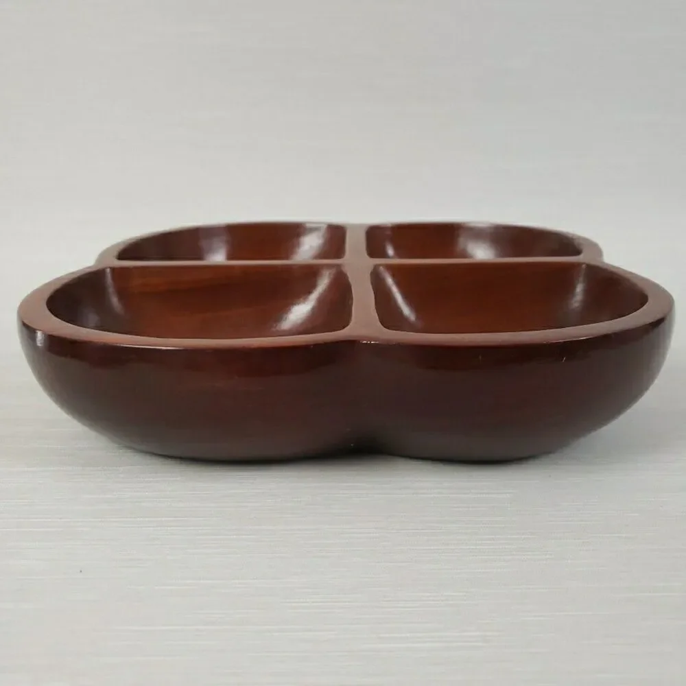 Carib Craft Lacquered Mahogany Divided Snack Nut Dish Serving Bowl VTG MCM